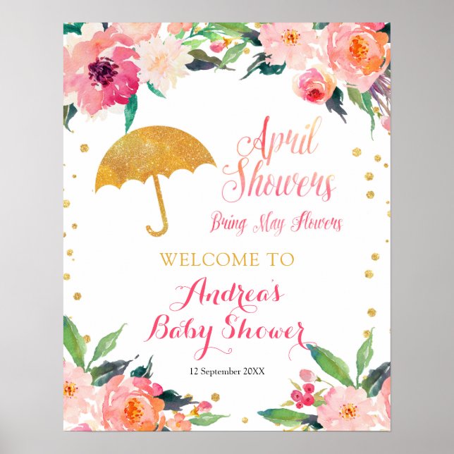 Gold Floral April Shower Affiche de bienvenue (Devant)