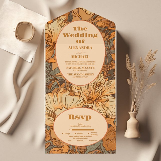Gold Floral Art Nouveau Wedding All In One Einladung (Von Creator hochgeladen)
