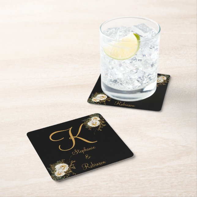 Gold Floral auf Black Wedding Geschenk Monogramm Rechteckiger Pappuntersetzer (Vor Ort)