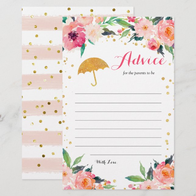 Gold Floral Avril Douches Baby shower Carte consei (Devant / Derrière)