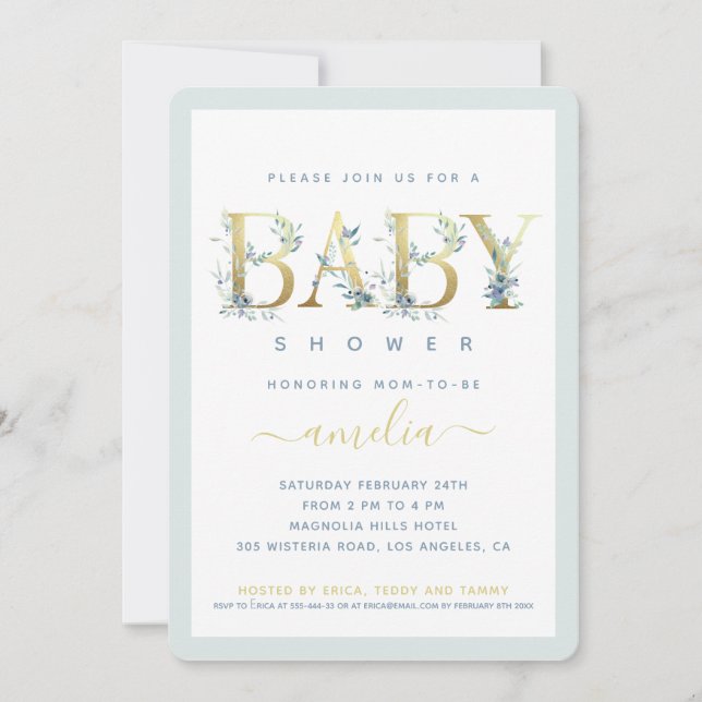 Gold Floral Baby Blue Boy Dusche Einladung (Vorderseite)