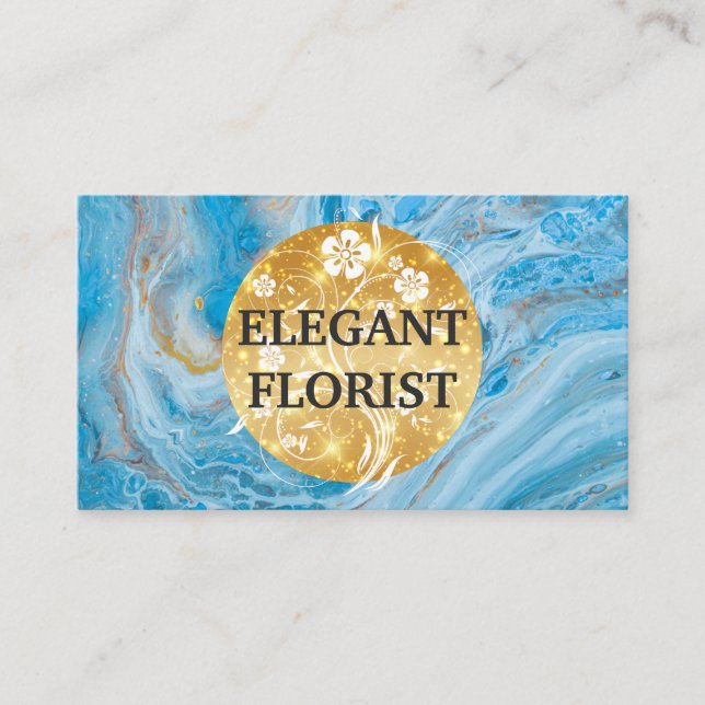 Gold Floral Background | Blauer Marmor Visitenkarte (Vorderseite)
