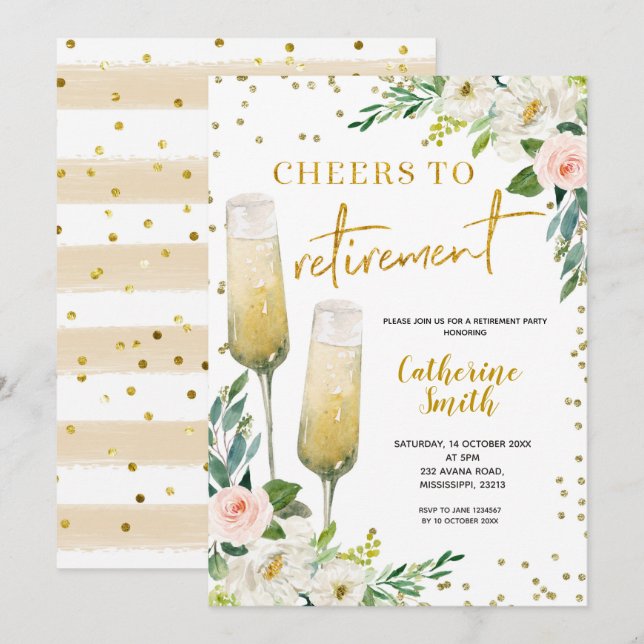 Gold Floral Bejubeln zur Einladung zur Pensionieru (Vorne/Hinten)