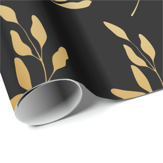 Gold Floral Blätter Botanisches Muster auf schwarz Geschenkpapier (Rolleneckpunkt)