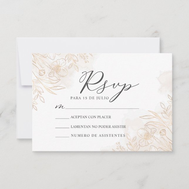 Gold Floral Blätter Nuestra Boda Wedding RSVP Einladung (Vorderseite)