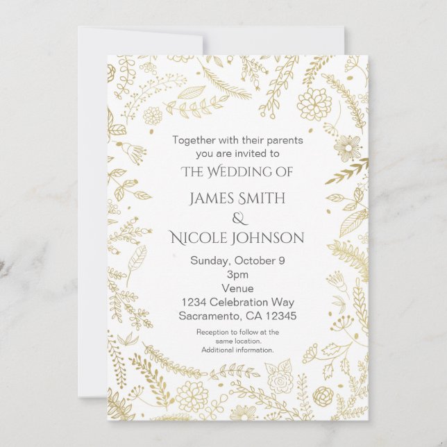 Gold Floral Blätter Rustikale Hochzeitseinladungen Einladung (Vorderseite)