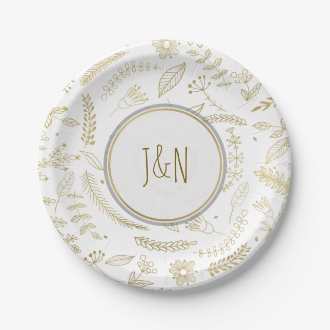 Gold Floral Blätter Rustikale Hochzeitsempfehlung Pappteller (Vorderseite)