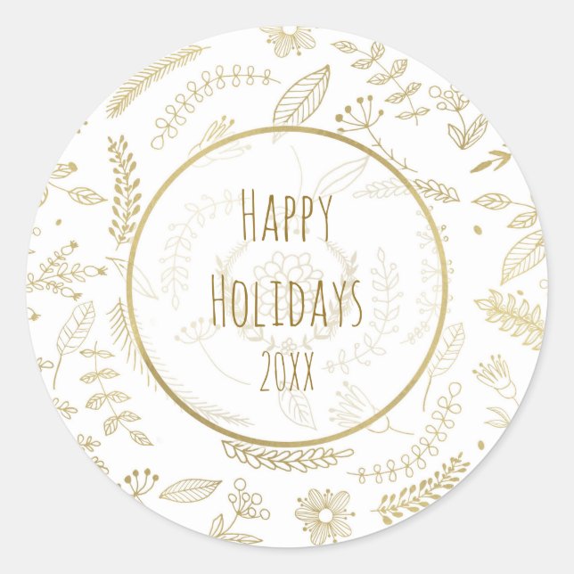 Gold Floral Blätter Rustikaler Weihnachtsurlaub Runder Aufkleber (Vorderseite)