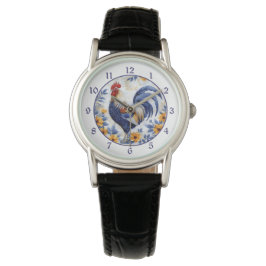 Gold Floral Blue Rooster Armbanduhr