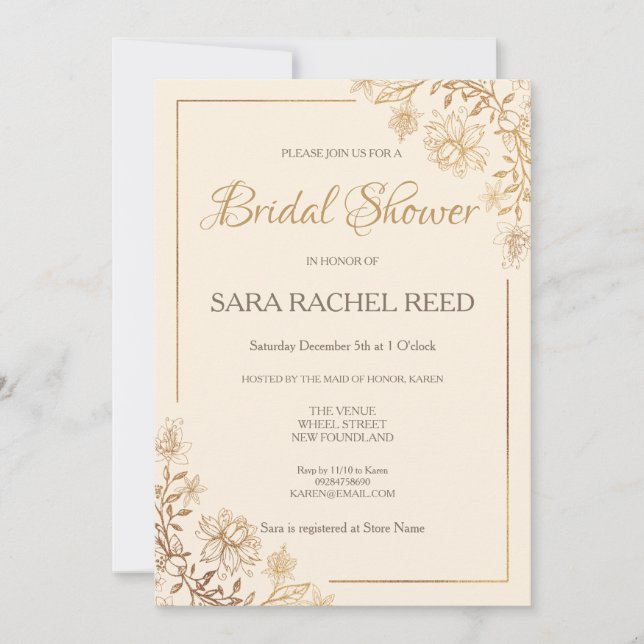 Gold Floral Blüh Bridal Dusche Einladung (Vorderseite)