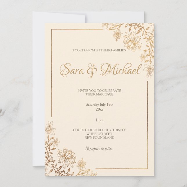 Gold Floral Blüh Hochzeitseinladung Einladung (Vorderseite)