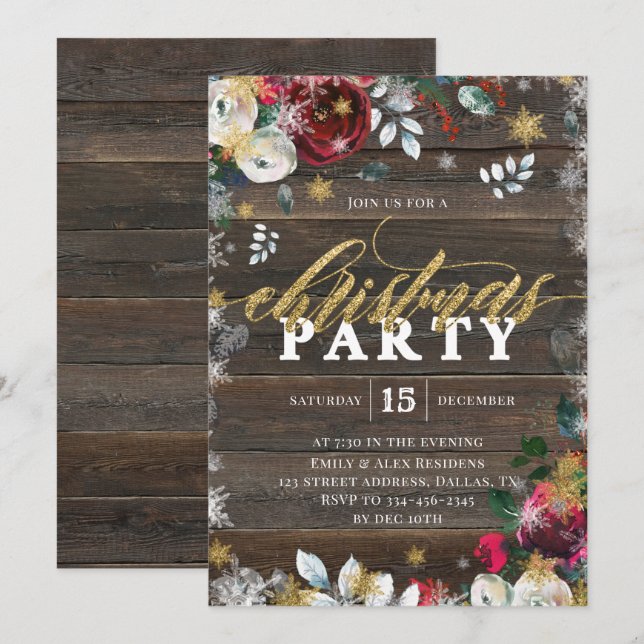 Gold Floral Bois Noël Invitation (Devant / Derrière)