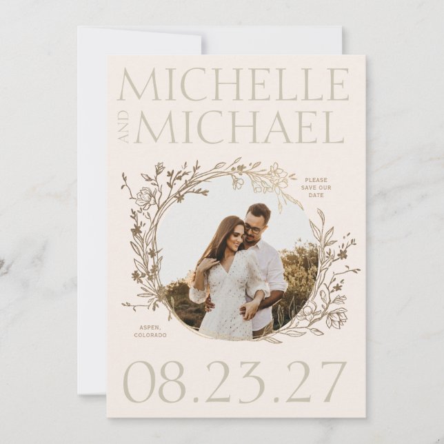 Gold Floral Border Foto Save the Date Karte (Vorderseite)