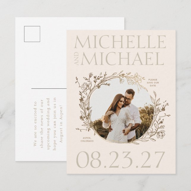 Gold Floral Border Foto Save the Date Postkarte (Vorne/Hinten)