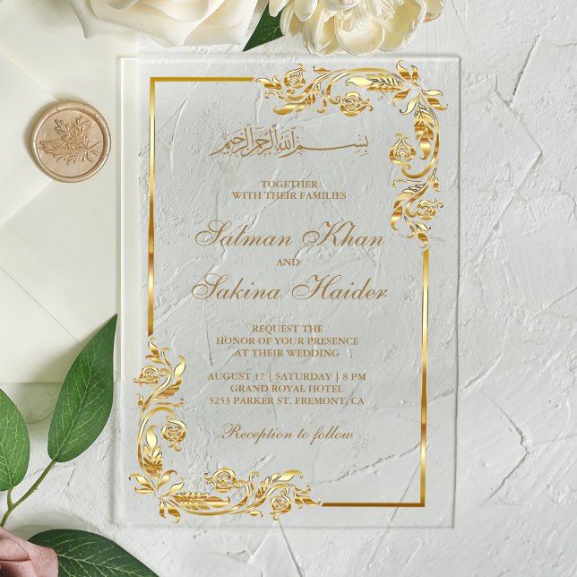 Gold Floral Border Islamic Wedding Acryleinladungen (Von Creator hochgeladen)