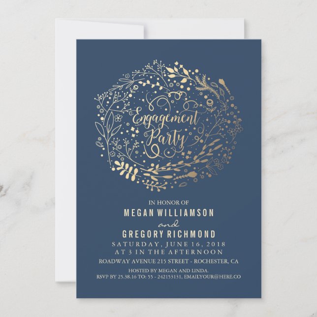 Gold Floral Bouquet Navy Engagement Party Einladung (Vorderseite)
