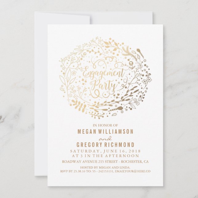 Gold Floral Bouquet White Engagement Party Einladung (Vorderseite)