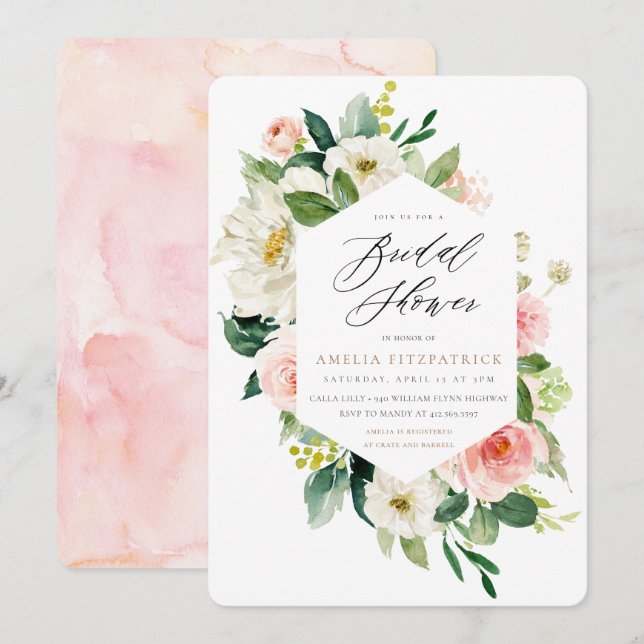 Gold Floral Bridal Shower Invitation Girl (Devant / Derrière)