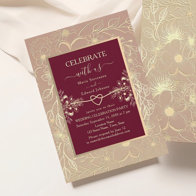 Gold Floral Burgundy Hochzeitsempfang Einladung (Von Creator hochgeladen)