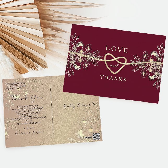 Gold Floral Burgundy Wedding Danke Postcard Postkarte (Von Creator hochgeladen)
