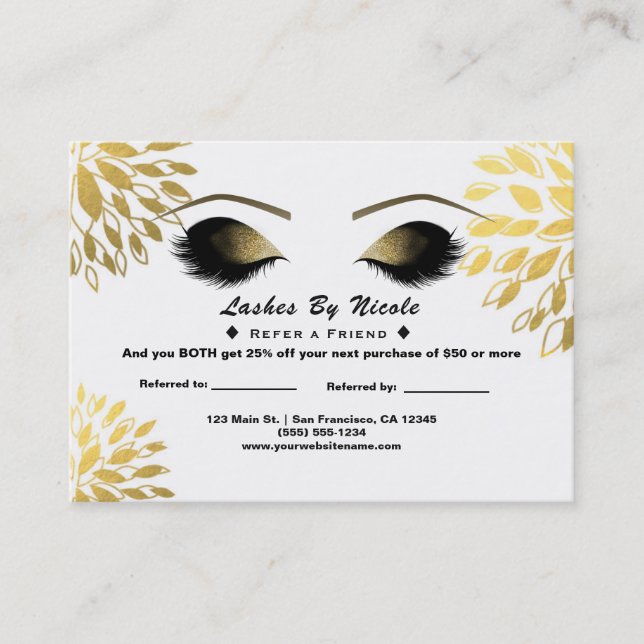 Gold Floral Chic Eyelashes Empfehlungskarte (Vorderseite)
