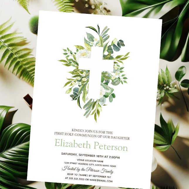 Gold Floral Cross Blätter Erste Heilige Kommune Einladung (Von Creator hochgeladen)