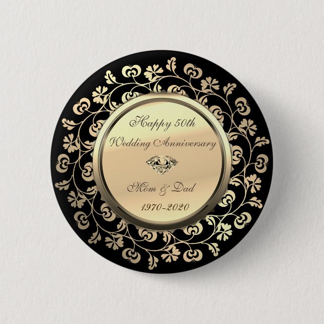 Gold Floral Diamond 50. Hochzeitstag Button (Vorderseite)