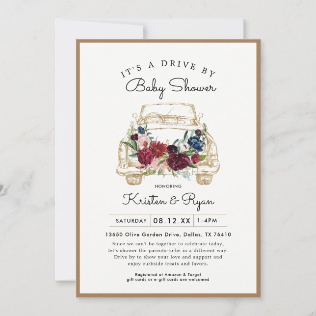 Gold Floral Drive durch Babydusche Einladung (Vorderseite)