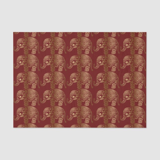 Gold Floral Elefantenmuster auf dunkelrot Seidenpapier (Vorderseite)