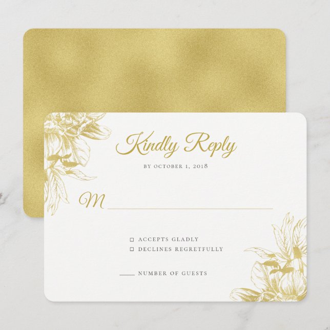 Gold Floral Elegant Wedding Einladung RSVP Card (Vorne/Hinten)