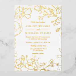Gold Floral Elegante Weiß Moderne Hochzeit Real Go Folieneinladung