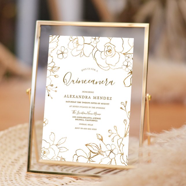 Gold Floral Elegantes Weißes Party Quinceanera Einladung (Von Creator hochgeladen)