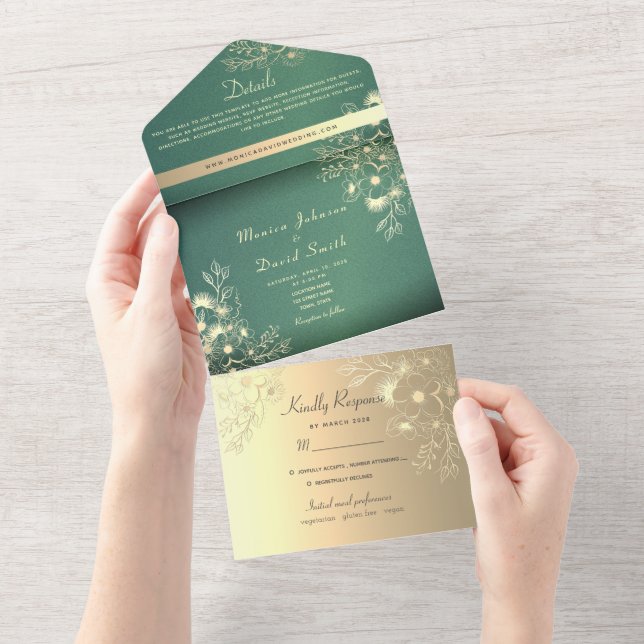 Gold Floral Emerald Wedding All In One Einladung (Abreißen)