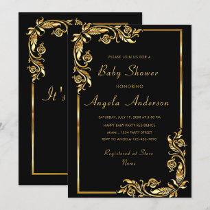 Gold Floral encadré bébé fille douche Invitation