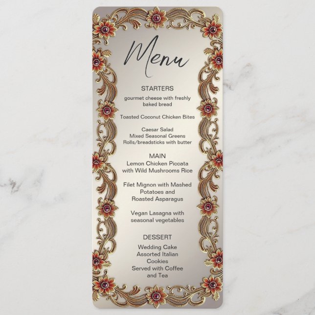 Gold Floral Frame mit Rot Steinen Menü Menükarte (Vorderseite)