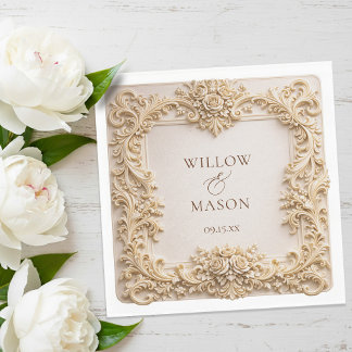 Gold Floral Frame Paper Wedding Napkins Serviette