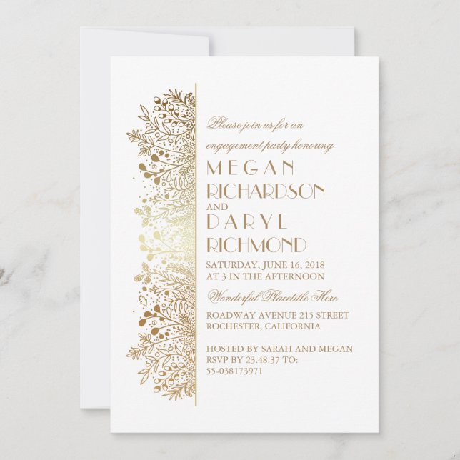 Gold Floral Gipskraut Elegante Engagement Party Einladung (Vorderseite)
