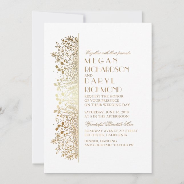 Gold Floral Gipskraut Elegante Hochzeit Einladung (Vorderseite)