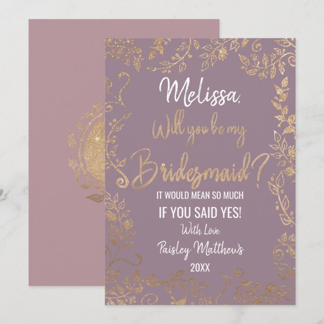 Gold Floral Glitzer Ombre Mauve Lilac Bridesmaid Einladung (Vorne/Hinten)