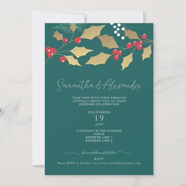 Gold Floral Holly Mistletoe Weihnachtsfeier Einladung (Vorderseite)