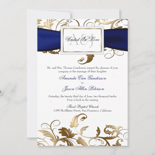 Gold Floral Invitation avec Navy Bow (Devant)