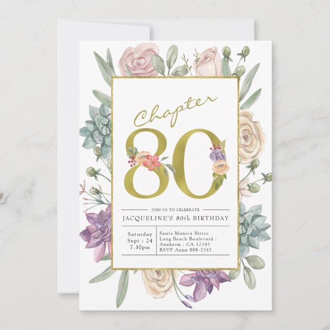 Gold Floral Invitation du 80e anniversaire (Devant)