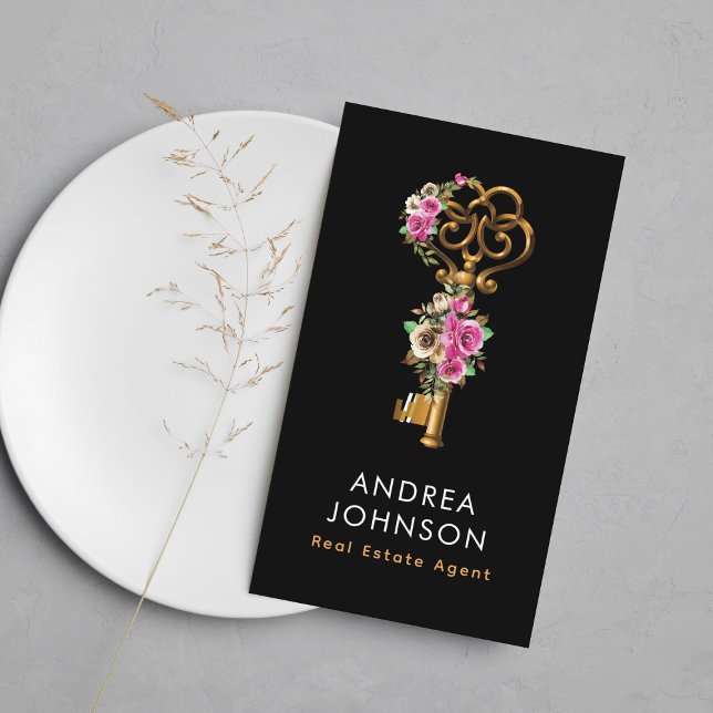 Gold Floral Key Logo Real Anwesen QR Code Foto hin Visitenkarte (Von Creator hochgeladen)