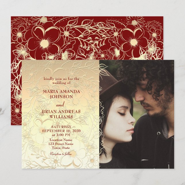 Gold Floral Lace Wedding Foto Einladung (Vorne/Hinten)