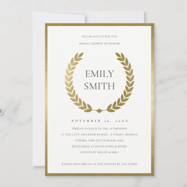 GOLD FLORAL LAUREL BRAUTPARTY INVITE DANKESKARTE (Vorderseite)