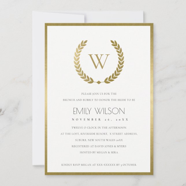 GOLD FLORAL LAUREL WREATH BRUNCH & BUBBLY INVITE DANKESKARTE (Vorderseite)