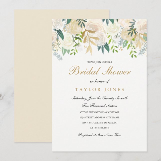 Gold Floral Leaf Brautparty laden Einladung (Vorne/Hinten)