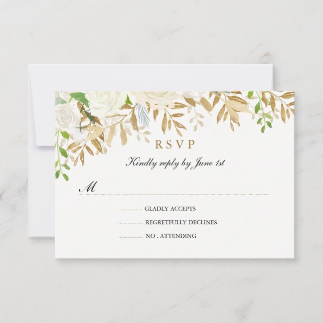 Gold Floral Leaf Watercolor Wedding RSVP (Devant)