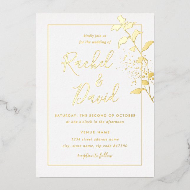 Gold Floral Leaf Wedding Folieneinladung (Vorderseite)