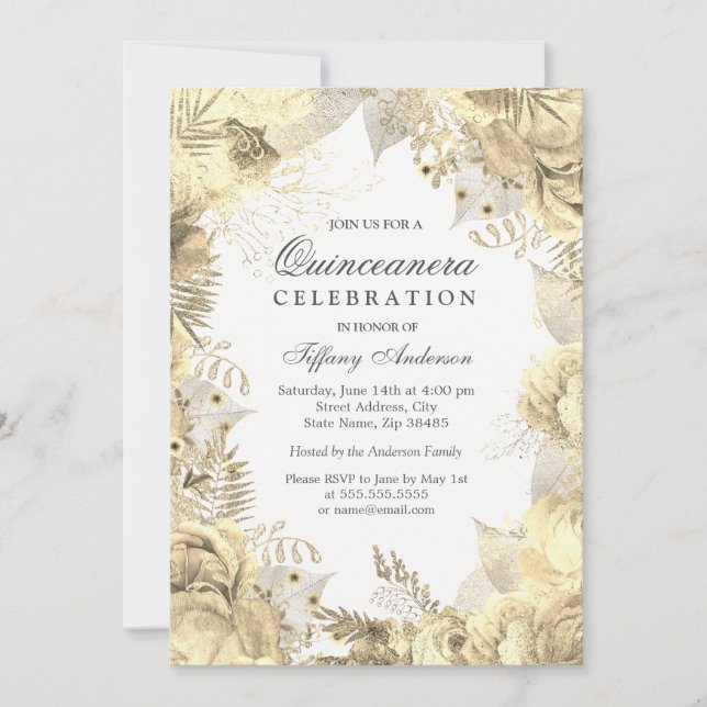 Gold Floral Leaf Wreath Quinceanera Einladung (Vorderseite)